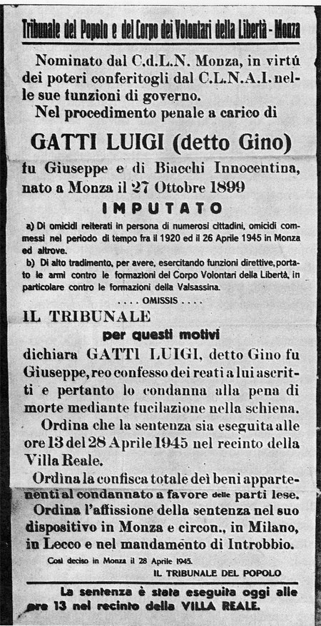 Il Tribunale delPopolo annuncia la condanna a morte di Luigi Gatti e l'esecuzione della sentenza
